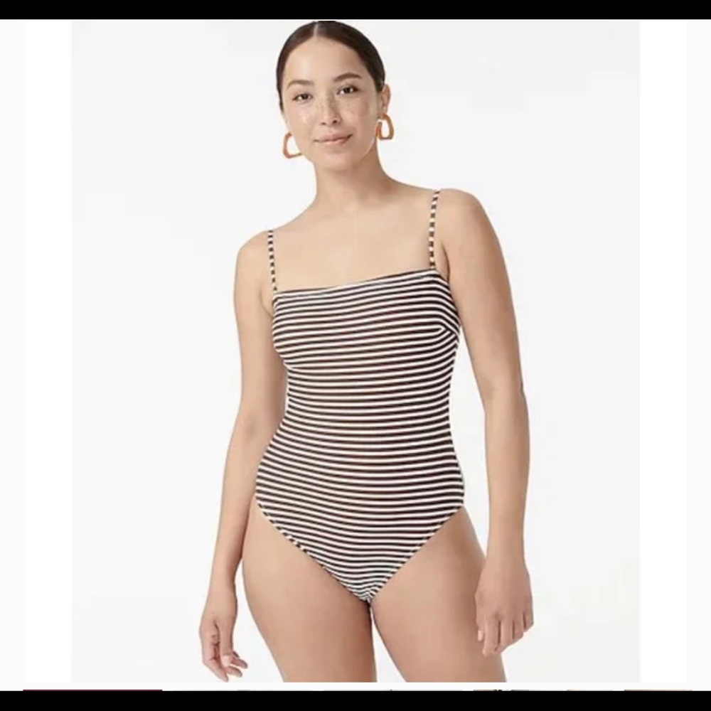 JCrew $118 Bandeau One Piece Swimsuit in Stripe Walnut White Size 6 AX…